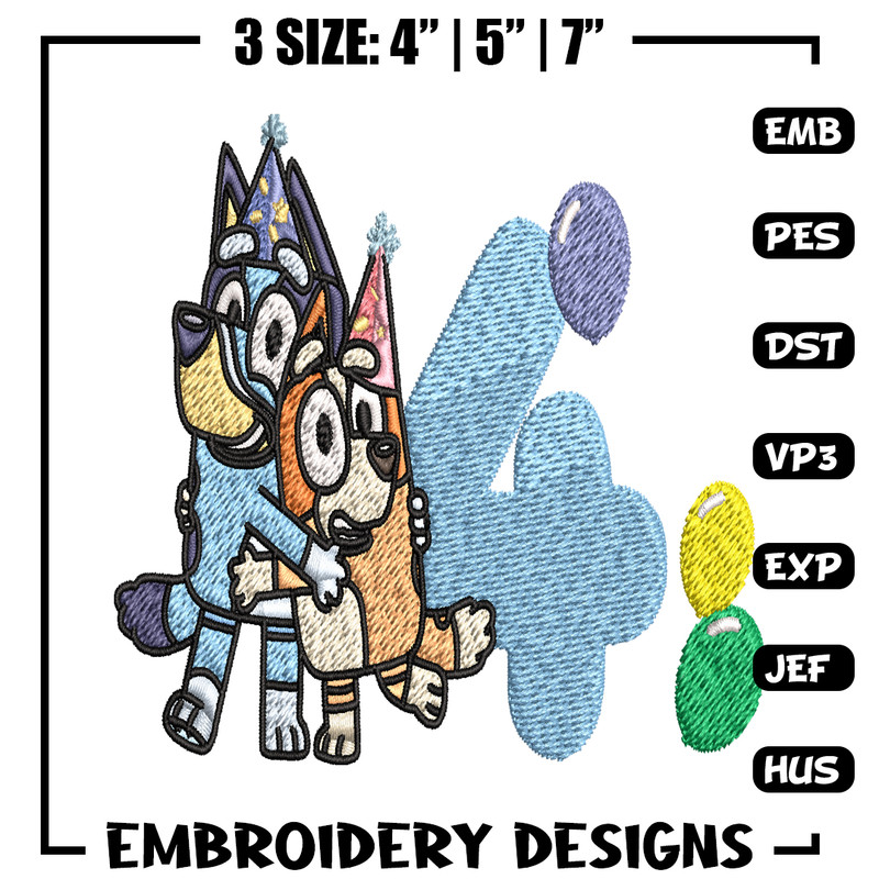 Bluey Bingo 4th Birthday Embroidery, Bluey Cartoon Embroidery, Disney Embroidery, Embroidery File, digital download..jpg