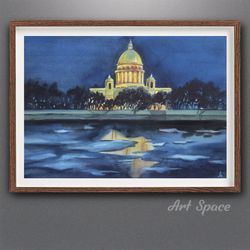watercolor painting, original, night saint petersburg, unusual interior decoration, decoration for office, playroom