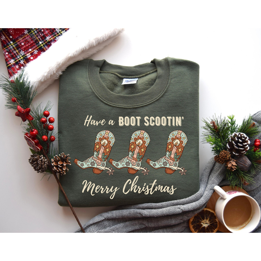 Western Christmas Sweatshirt, Have a Boot Scootin Merry Christmas Sweater, Cowgirl Christmas Shirt, Bucking Horse, Christmas Tree Sweatshirt.jpg