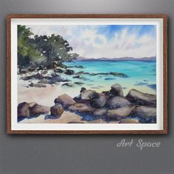 original watercolor painting stones and azure water. photorealism, stones, stones - sea - nature beach shore, for home