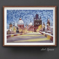 watercolor painting, original, prague, unusual interior decor, unusual gift, decoration for office, playroom, home