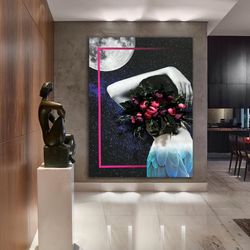 3d flower woman canvas painting, real 3d artificial flower painting, 3d woman print,mother'day gift canvas