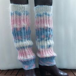 Long knitted mohair leggings, white - blue - pink cuffs on shoes