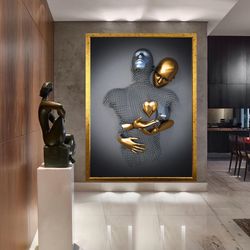 bronze and silver chain love couples canvas painting, 3 d effect, glitter textured, framed canvas print-2