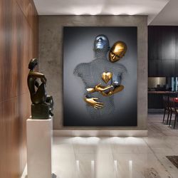 bronze heart love couples canvas painting, hugging couples wall decor, 3 d look wall art, chain double canvas