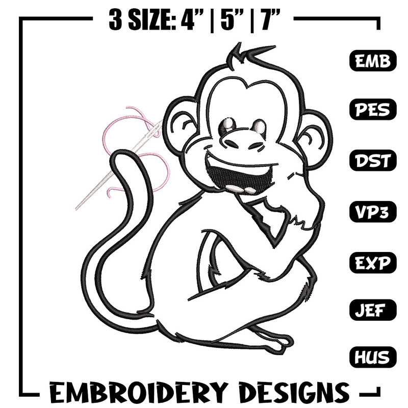 Monkey black white embroidery design, Monkey embroidery, Embroidery file, Embroidery shirt, Emb design, Digital download.jpg
