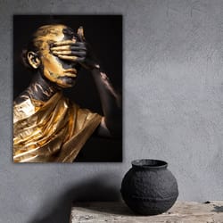 black women's canvas table with gold dress, ethnic women's table, black and gold african women's wall decor, glitter tex