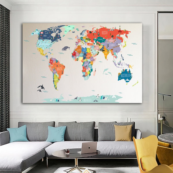 Colorful World Map Canvas Painting, Map Wall Decor, Countrie | Inspire ...