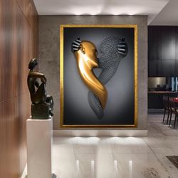 bronze and silver chain love couples canvas painting, 3 d effect, glitter textured, framed canvas print