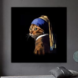 cat with pearl earring painting, funny cat canvas print, girl with pearl earring supernatural art canvas painting, artis