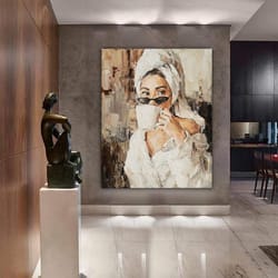 fashion woman canvas, popular girl drinking coffee painting, woman in bathrobe canvas print, woman poster, woman drinkin