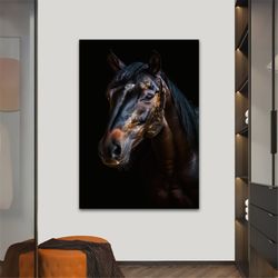 horse portrait canvas, black horse painting, horse painting art, horse poster, background black horse decor