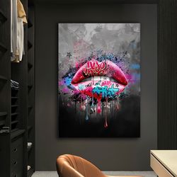 lips graffiti canvas painting, sexy lips canvas painting, colorful lip painting, lips pop art canvas