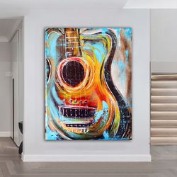 colorful guitar canvas painting, musical instrument painting, oil painting textured painting, electric guitar canvas pai