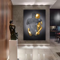hug canvas, bedroom wall art, couple painting with chain, glitter textured canvas print, make love canvas painting, gold