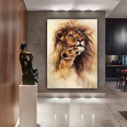 mother lion canvas painting, lion canvas print, lion and cub wall decor, lion canvas poster, lion wall art