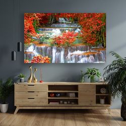 Waterfall Scenery Canvas, Stream Canvas Painting, Nature Canvas Print, Autumn Wall Decor, Landscape Art