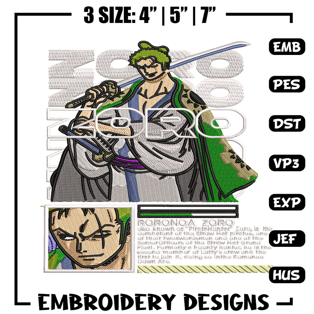 Roronoa Zoro embroidery design, One Piece embroidery, logo design, anime design, anime shirt, Digital download.jpg