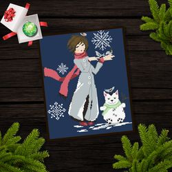girl with birds, cross stitch pattern pdf, christmas cross stitch pattern