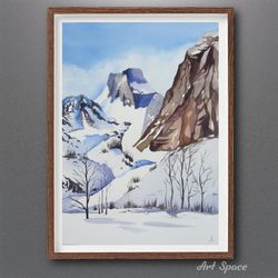 original watercolor painting morning in the mountains. natural landscape, home, decoration for office, for room, home