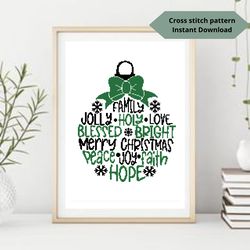 Green christmas ball cross stitch pattern, Merry Christmas embroidery design, Instant download, Digital PDF