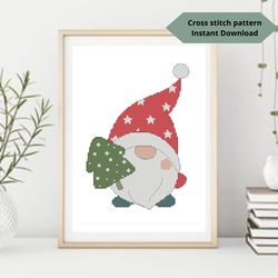 Christmas gnome and pine tree cross stitch pattern, Merry Christmas embroidery design, Instant download, Digital PDF