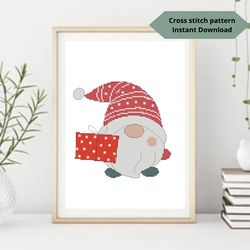 Christmas gnome and gift cross stitch pattern, Merry Christmas embroidery design, Instant download, Digital PDF