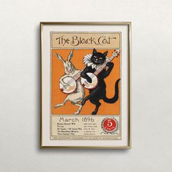 cat playing banjo, vintage wall art, black cat wall art, cat and rabbit art, music wall art, whimsical print digital dow