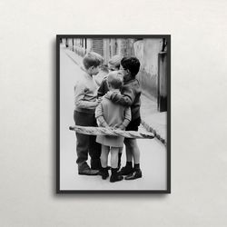 Little Boys in Paris, Black and White Art, Vintage Wall Art, Old Photo, Boy With Baguette, Little Gang, DIGITAL DOWNLOAD