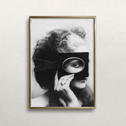Masked Woman, Black and White Art, Vintage Wall Art, Woman Portrait, Woman Wearing Mask, Old Photo, DIGITAL DOWNLOAD, PR