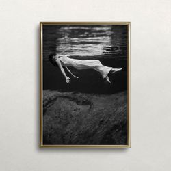 Woman Floating Underwater, Black and White Art, Vintage Wall Art, Dark Moody Art, Old Photo, Woman Art, DIGITAL DOWNLOAD