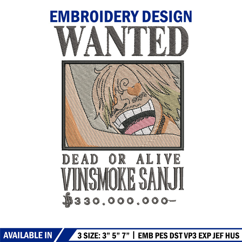 Bounty sanji embroidery design, One piece embroidery, Anime design, Embroidery shirt, Embroidery file,Digital download.zip.jpg