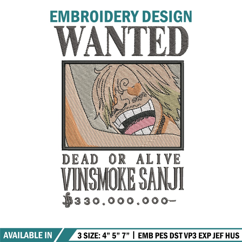 Bounty sanji embroidery design, One piece embroidery, Anime design, Embroidery shirt, Embroidery file,Digital download.zip.jpg