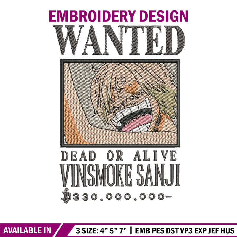 Bounty sanji embroidery design, One piece embroidery, Anime design, Embroidery shirt, Embroidery file,Digital download.zip.jpg