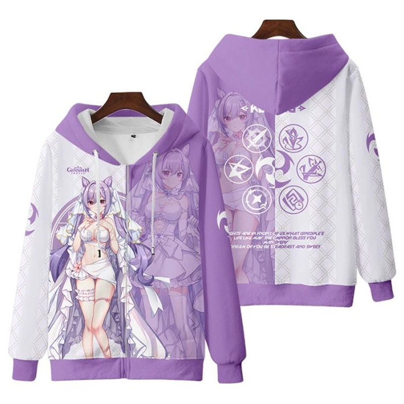 Keqing Genshin Impact All Over Print 3D Hoodie Zip Hoodie, Keqing Genshin Impact Hoodie 3D Zip Hoodie Fleece Hoodie