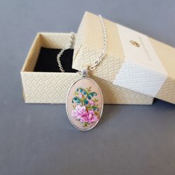 Hand embroidery pendant for her, 4th wedding anniversary gift, embroidered jewelry, custom embroidery necklace