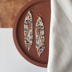 Long white beaded earrings - Abstract modern fringe earrings - Boho bohemian hippie statement jewelry