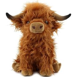 highland cow stuffed animal plush toy - fluffy bull animal doll, soft stuffed animal toy for kids, baby gift, & home roo