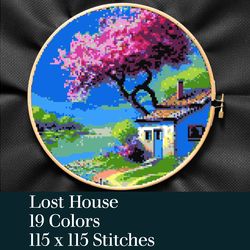 Lost House Cross Stitch Pattern, Cross stitch PDF Download, Village House Cross Stitch, Landscape Cross Stitch
