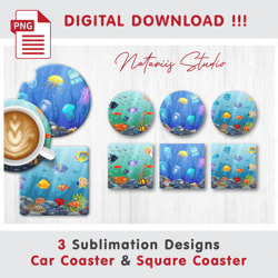 3 Sea Fishes Templates - Sublimation Waterslade Pattern - Car Coaster Design - Digital Download