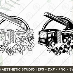 floral fire truck svg, fire truck svg, fire engine svg, floral svg, fire truck vinyl svg, fire truck with flower svg, tr