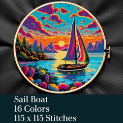 Sail Boat Cross Stitch, Cross Stitch PDF , Sail Cross Stitch , Sunset Cross Stitch