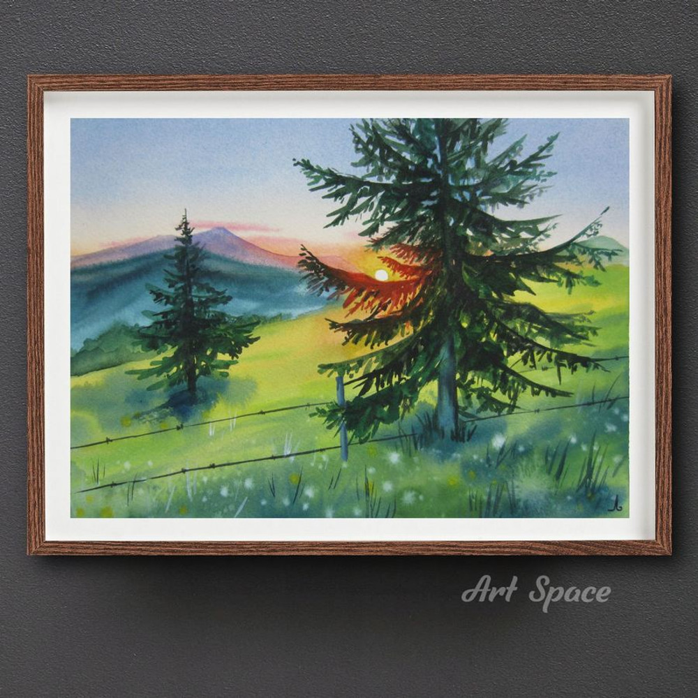 tree - landscape - landscape - nature - mountains - sun - dawn - meadow - watercolor painting -2.jpg