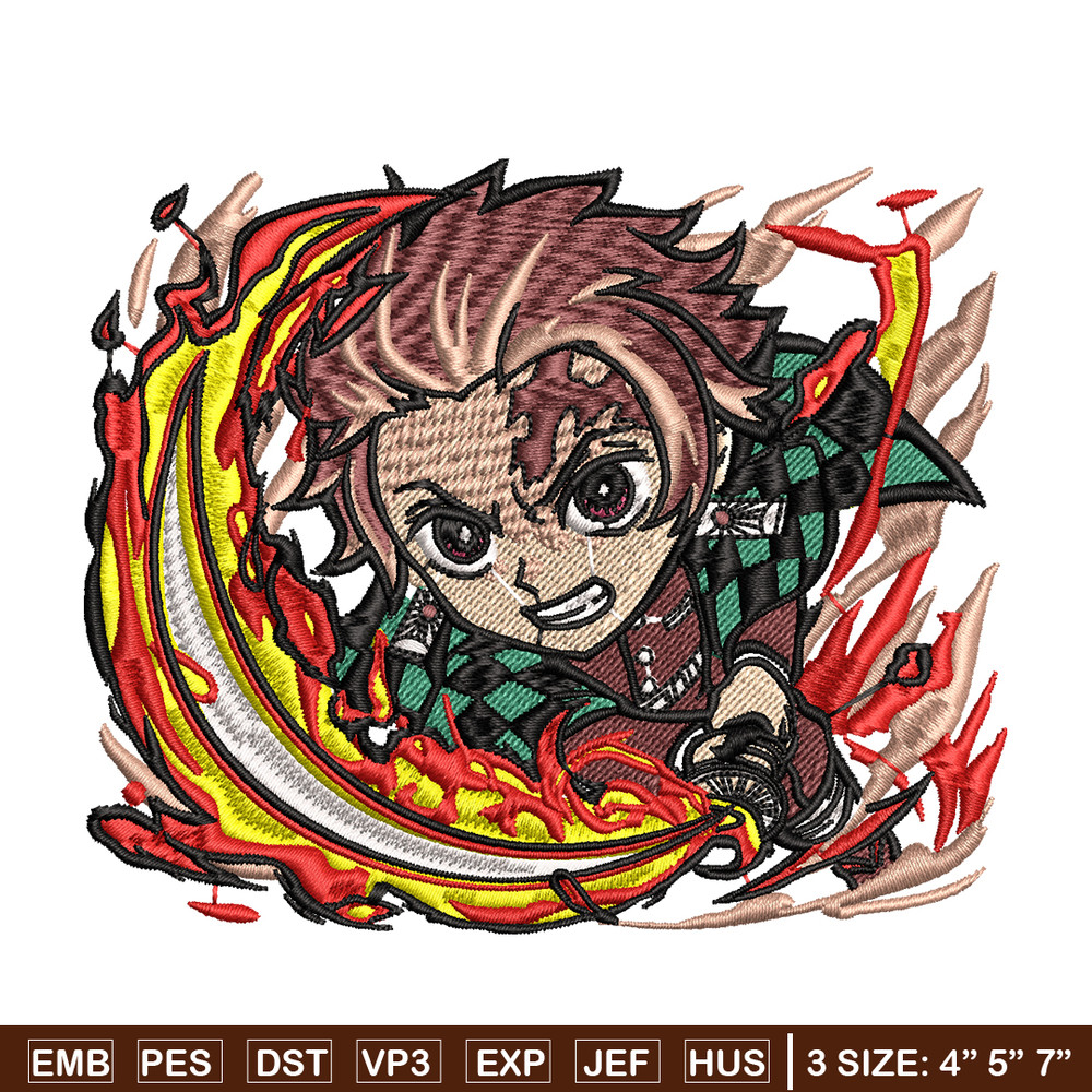 Tanjiro fire breathing chibi embroidery design, Kimetsu no Yaiba embroidery, anime design, logo shirt, Digital download.jpg