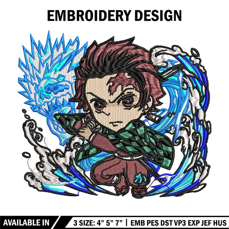Tanjiro water breathing dragon chibi embroidery design, Kimetsu no Yaiba embroidery, anime design, Digital download.jpg