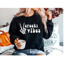spooky vibes sweatshirt, peace skeleton hand sweatshirt, skeleton sweater, funny halloween shirts, halloween crewneck, h