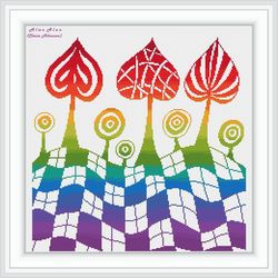 Cross stitch pattern Panel abstract Heart Tree Zentangle rainbow monochrome art meditation pillow napkin patterns PDF