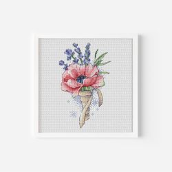 Poppy Cross Stitch Pattern PDF, Flowers Counted Cross Stitch, Beautiful Floral Bouquet Hand Embroidery Design Digital