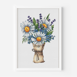 Daisies Cross Stitch Pattern PDF, Flowers Counted Cross Stitch, Floral Bouquet Embroidery Design, Cozy Hoop Art, Music