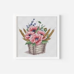 Poppies Cross Stitch Pattern PDF, Poppy Flowers Counted Cross Stitch, Floral Bouquet Hand Embroidery Design Digital File